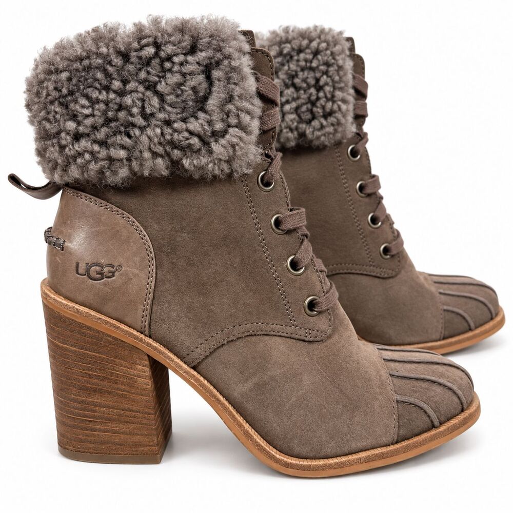 UGG Jaxon Womens 9 Taupe Suede Shearling Cuff Lace Up Heeled Ankle Boots